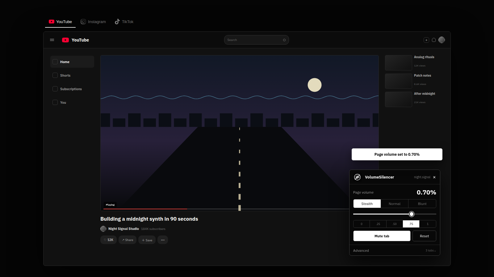VolumeSilencer controlling video volume on YouTube