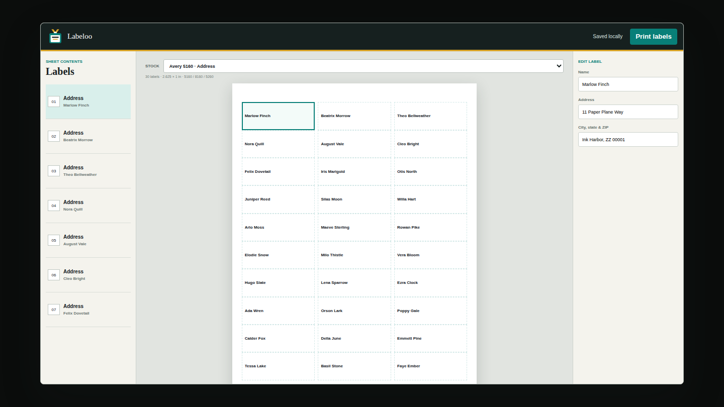 Labeloo preview showing a populated address-label sheet and stock selector